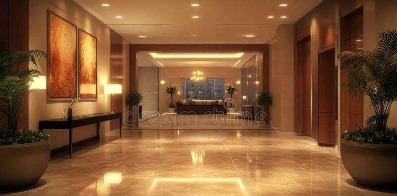 Quiet luxury hotel lobby interior with stone and warm light